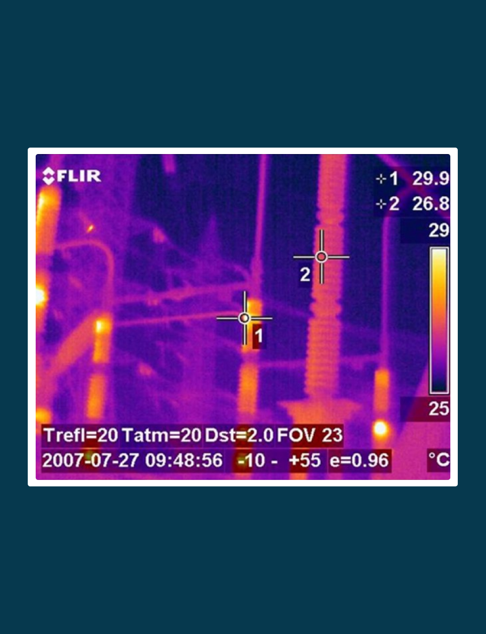 Infrared image shows the temperature difference between a coated insulator (2) and uncoated insulator (1).